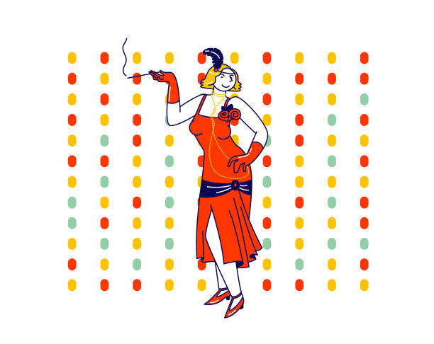 穿着复古服装的年轻女性角色访问夜总会跳舞迪斯科舞和吸烟的喉舌。咆哮的1920图片下载