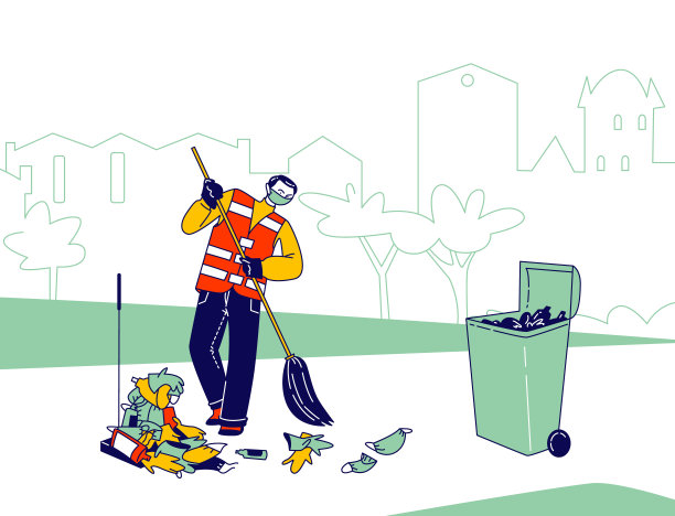 防毒面具与统一清扫街道冠状病毒垃圾的看门人特征。不顾垃圾桶的人图片下载