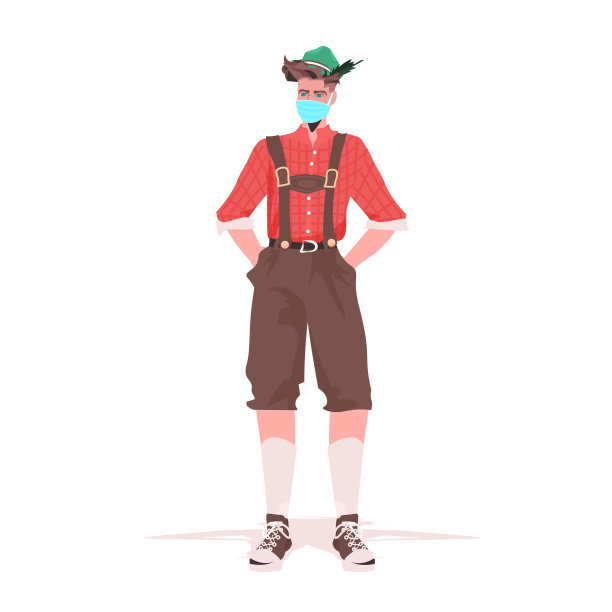 身着传统服装、戴着口罩的男子在慕尼黑啤酒节庆祝活动上预防冠状病毒大流行图片下载