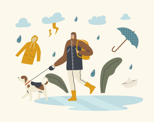 男性角色穿着斗篷和靴子，在城市公园潮湿多雨的天气里，带着狗在水坑旁行走。男人花时间与宠物相处图片下载