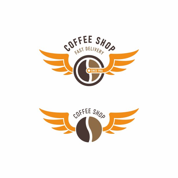 一套创造性的彩色插图的咖啡谷物，车轮，翅膀和文字上的白色背景。图片下载