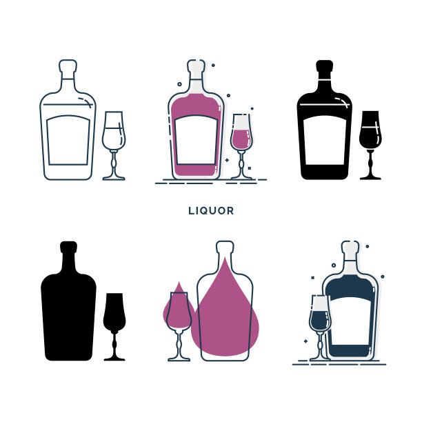 不同风格的酒瓶和酒杯。模板酒精饮料为餐厅，酒吧，酒吧。象征。收集一个饮料。孤立的平面插图上的白色背景图片下载