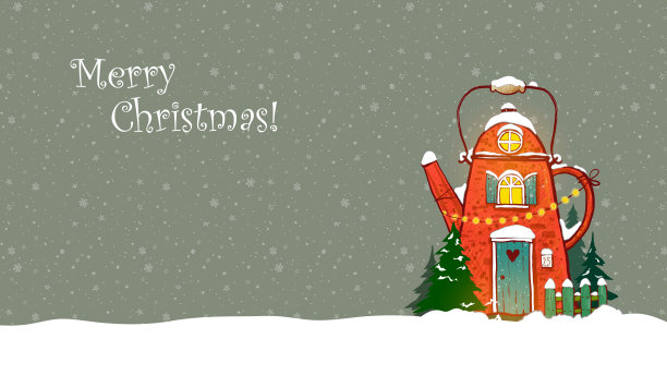 圣诞贺卡，茶壶形状的可爱的房子在雪景图片下载