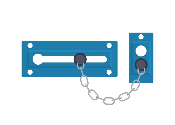 一套金属门闩，门螺栓，挂钩和链条。钢安全硬件。向量图片下载