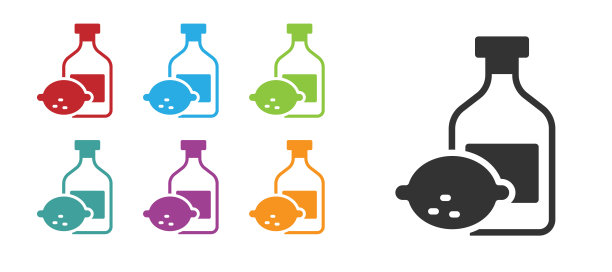 黑色柠檬酒酒瓶图标孤立在白色背景。一瓶新鲜的自制柠檬水。设置图标丰富多彩。向量图片下载