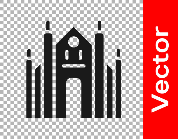 黑色米兰大教堂或米兰大教堂的图标孤立在透明的背景。意大利米兰的著名地标。向量图片下载