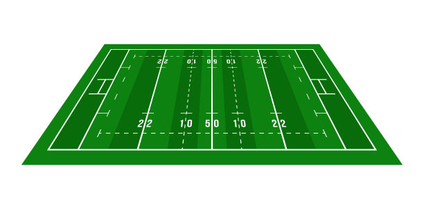 远景绿色橄榄球场。从以上观点。橄榄球场与线模板。矢量插图体育场。图片下载