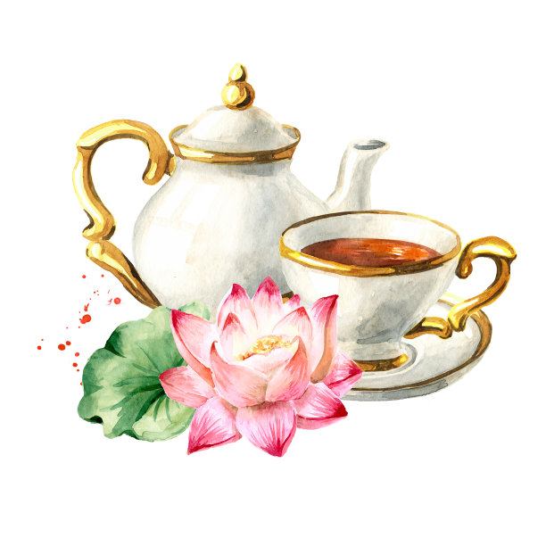 茶壶，茶杯，荷花。手绘水彩插图孤立的白色背景图片下载