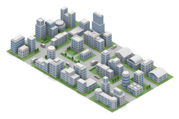 建筑物排成一行。城市景观。商业区建筑。等角图片下载
