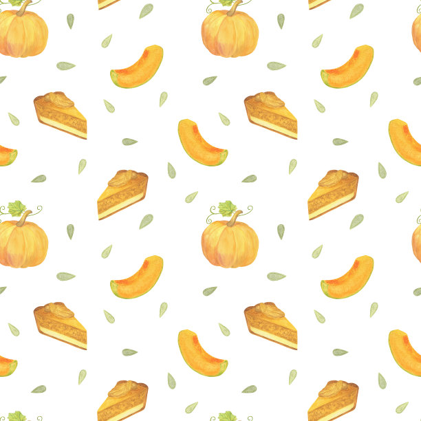 南瓜派和种子无缝图案的传统秋季甜点，水彩手绘风格的插图包装礼物纸，贺卡，季节性的秋天简单质朴重复点缀图片下载