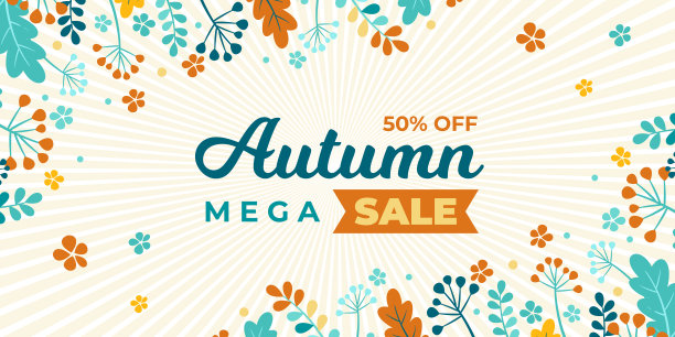 秋天出售横幅。背景有秋叶和文字，秋色大卖。季节性折扣概念和橡树叶，花，花和浆果。社交媒体和网络的横幅。图片下载