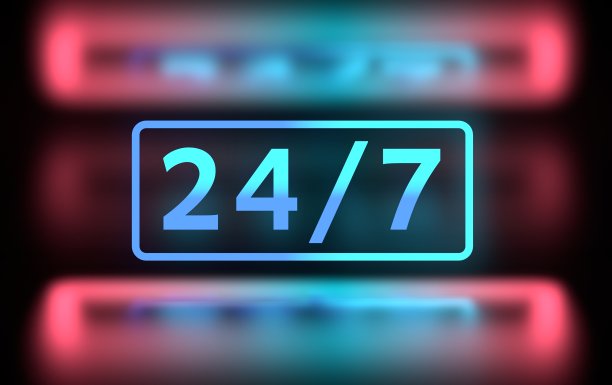 24 7服务说明与发光的数字在镜子闪亮的表面图片下载