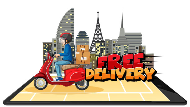 免费送货标志与自行车人或快递员图片下载