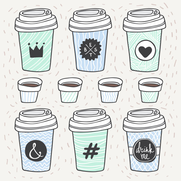 向量咖啡具。塑料和纸杯咖啡和茶杯。咖啡要走。带走。喝我和最好的字母。皇冠，&符号，心形，标签符号。适合菜单设计，t恤印花，明信片图片下载
