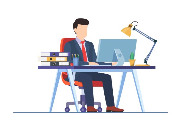 在办公室办公桌上用电脑工作的商人图片下载