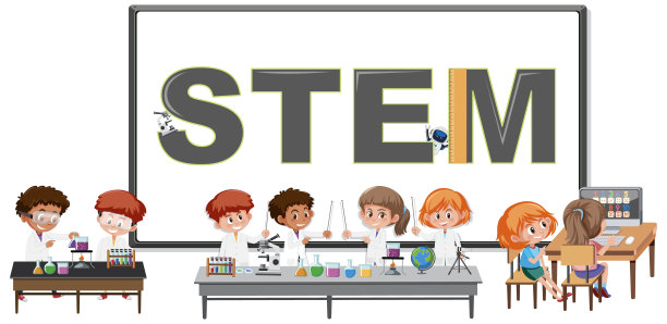 Stem标志和穿着科学家服装的孩子隔离开来图片下载