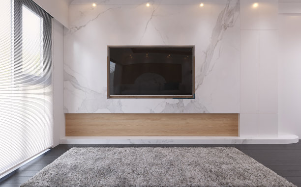 现代客厅内部，看电视屏幕。三维演示图片下载