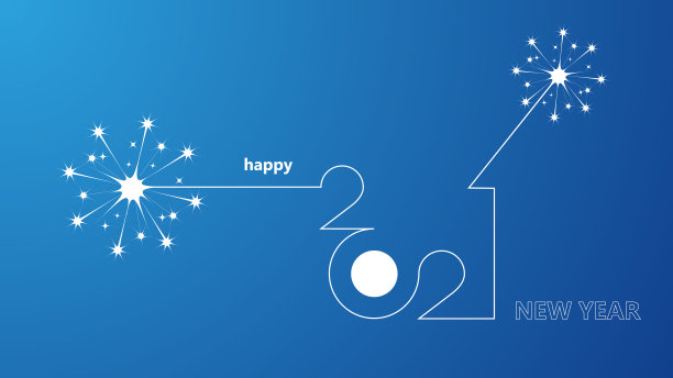 2021年新年快乐线性设计，蓝色背景上有烟火火花。图片下载