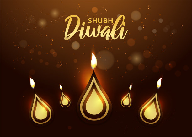 被照亮的油灯顶视图(Diya)与散焦效果的棕色背景Shubh(快乐)排灯节庆祝。图片下载