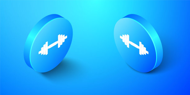 等距哑铃图标孤立在蓝色背景。肌肉举重图标，健身杠铃，健身房图标，运动器材符号，运动大哑铃。蓝色圆按钮。向量图片下载