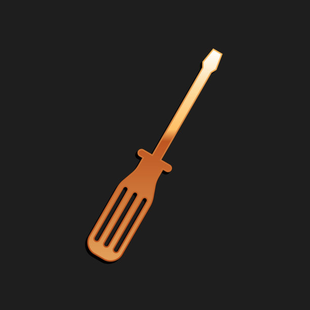 金色螺丝刀图标隔离在黑色背景。长长的阴影风格。向量图片下载