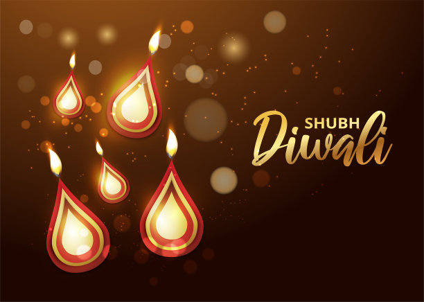 顶部视图照明油灯(Diya)与散景效果在棕色背景Shubh(快乐)排灯节庆祝活动。图片下载