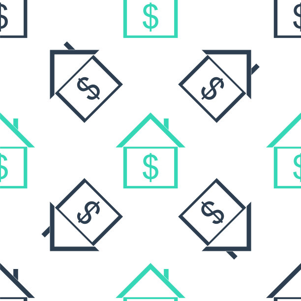 绿色房子与美元图标孤立无缝模式在白色背景。家庭和金钱。房地产的概念。向量图片下载