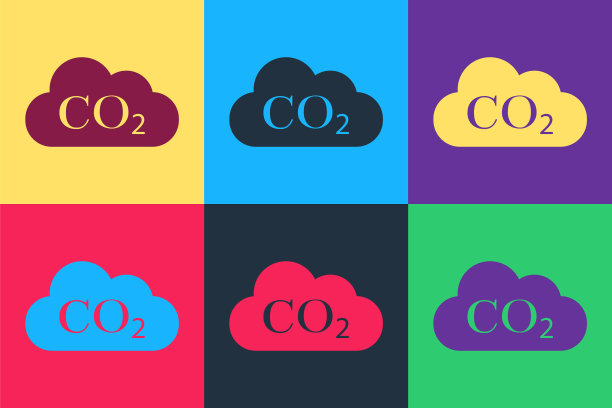 波普艺术CO2排放量在云图标孤立的颜色背景。二氧化碳公式符号，烟雾污染概念，环境，燃烧产物。向量图片下载