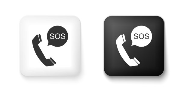 黑色和白色SOS呼叫图标孤立的白色背景。911紧急求助警报警报方形按钮。向量图片下载