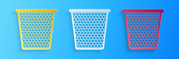 剪纸垃圾桶图标孤立在蓝色背景。垃圾桶的迹象。回收篮图标。办公室垃圾图标。纸艺术风格。向量图片下载