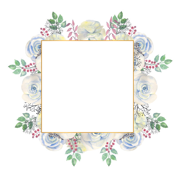 蓝色的玫瑰花，绿色的叶子，金色的几何框里的浆果。花的婚礼概念。用于贺卡或请柬装饰的水彩作品图片下载