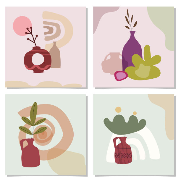 一套卡片与外来的棕榈叶和抽象花瓶。时尚拼贴静物花瓶水果抽象当代形状纹理极简主义在柔和的颜色。横幅，海报，社交媒体模板。矢量插图孤立图片下载