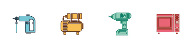 设置旋转锤钻、空气压缩机、电动无绳螺丝刀和微波炉图标。向量图片下载
