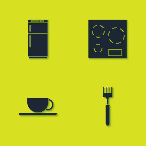 设置冰箱，叉子，咖啡杯和电炉图标。向量图片下载