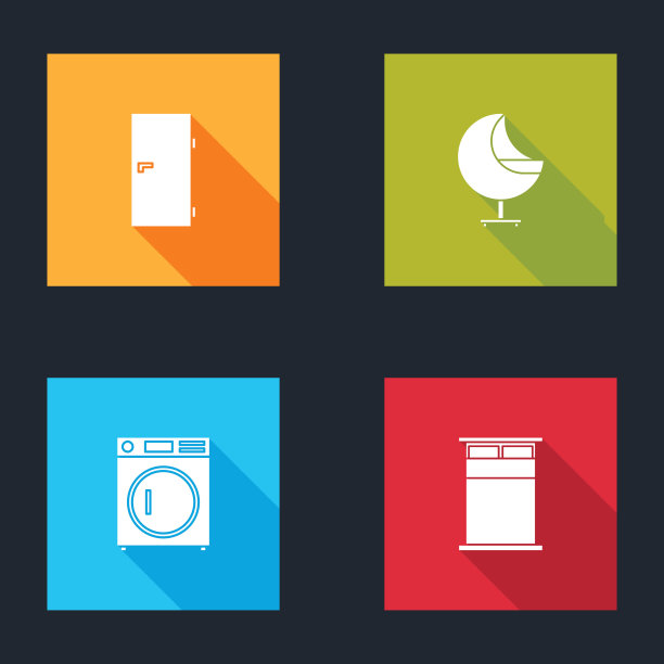 设置关门，扶手椅，洗衣机和大床图标。向量图片下载