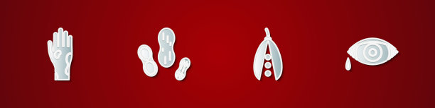 手置牛皮癣或湿疹，花生，芸豆和红眼过敏性结膜炎图标。向量图片下载