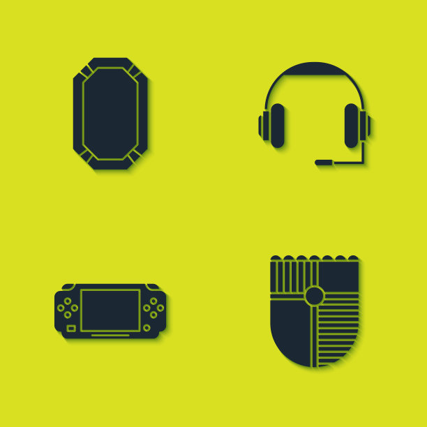 设置扑克桌，盾为游戏，便携式视频控制台和耳机图标。向量图片下载