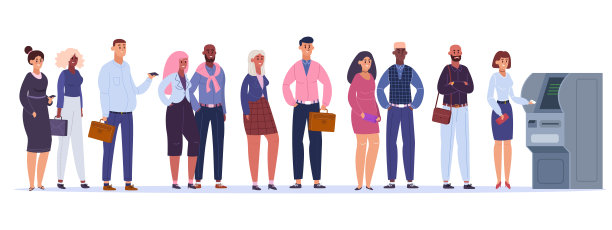 人ATM队列。行取钱，男女人物等ATM机，终端交易矢量图图片下载