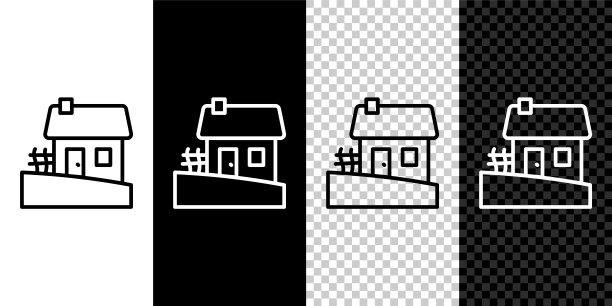 黑色和白色背景上孤立的老乌克兰房屋小屋图标。传统的村庄的房子。向量图片下载