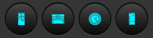 设置关闭的门，大钢琴，时钟和冰箱图标。向量图片下载