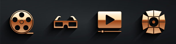 设置电影卷轴，3D电影眼镜，在线播放视频和电影聚光灯图标与长阴影。向量图片下载