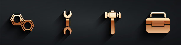 设置六角金属螺母，扳手，扳手，锤子和工具箱图标与长阴影。向量图片下载