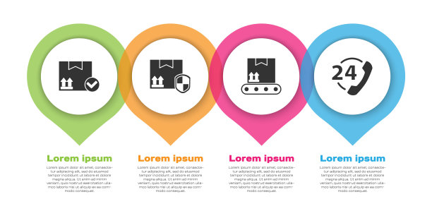 设置有检查标志的包装箱，带屏蔽的包装安全，带纸箱的传送带和24小时电话支持。业务信息模板。向量图片下载