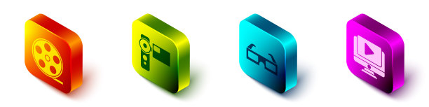 设置等距胶片卷轴，电影摄像机，3D电影眼镜和在线播放视频图标。向量图片下载
