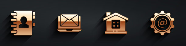 Set Address book, Laptop with envelope, House and Mail and e-mail icon with long shadow。向量图片下载