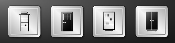 设置浴室的架子上的毛巾，关闭的门，图书馆书架和衣柜图标。银广场按钮。向量图片下载