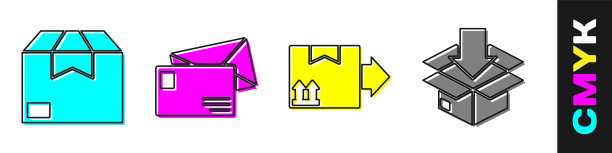 设置纸板箱，信封，纸板箱与交通标志和纸板箱与交通标志图标。向量图片下载