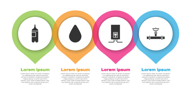 集瓶装水、水滴、燃气锅炉用燃火及工业管道和阀门。业务信息模板。向量图片下载