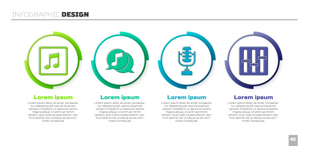 设置音乐音符、音调、语音气泡中的音符、麦克风和混音控制器。业务信息图模板。向量图片下载