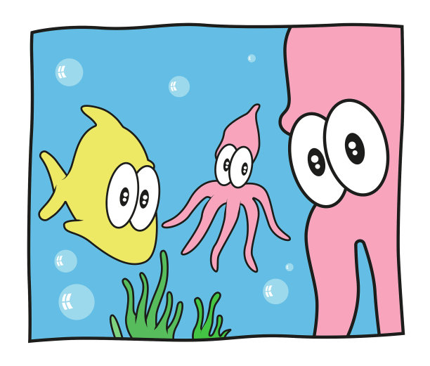 可爱的鱼，鱿鱼和章鱼在海底，在海藻和泡沫之间。图片下载